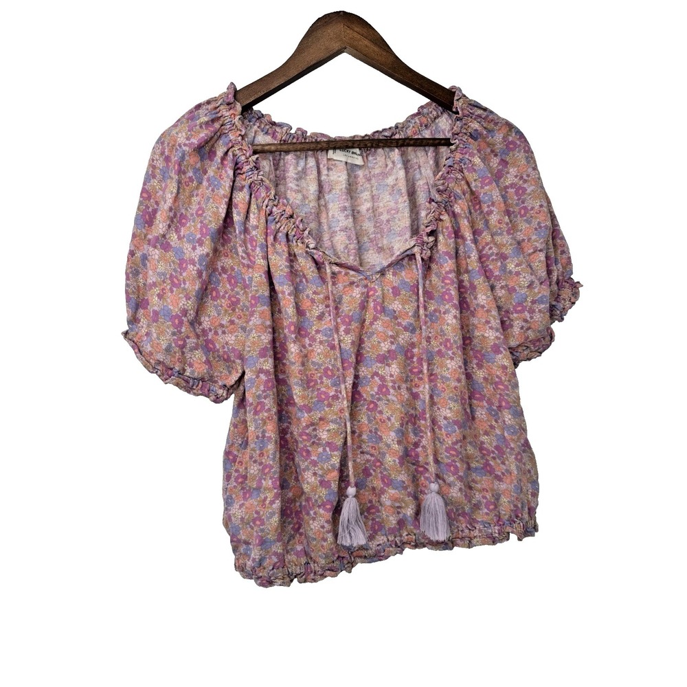 Lucky Brand Small Purple Floral Print Boho Peasant Top Tassel Tie‎ crop festival